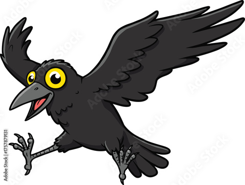 Cartoon black crow flying with expressive yellow eyes, open beak and claws, animated bird character, white background, motion illustration