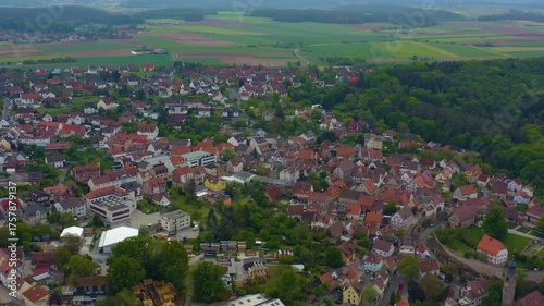 Aerial panoramic view of the old town city Cadolzburg in Germany, Bavaria on a cloudy spring afternoon
