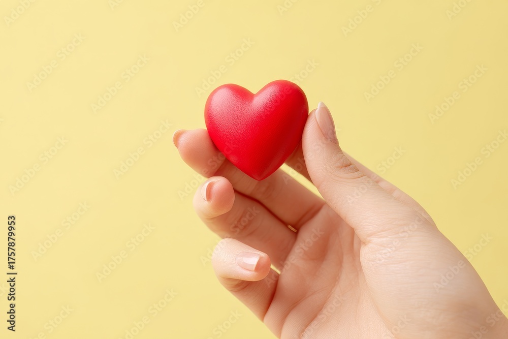 Obraz premium A delicate red heart held gently in a hand against a soft yellow backdrop.