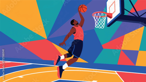 Illustration Of Basketball Player Mid-Dunk, With The Ball In Hand, Soaring Over A Vibrant Court Vector Design Template