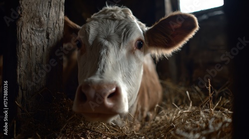 Cow grazing in barn farmyard animal photography rural environment close-up view livestock care