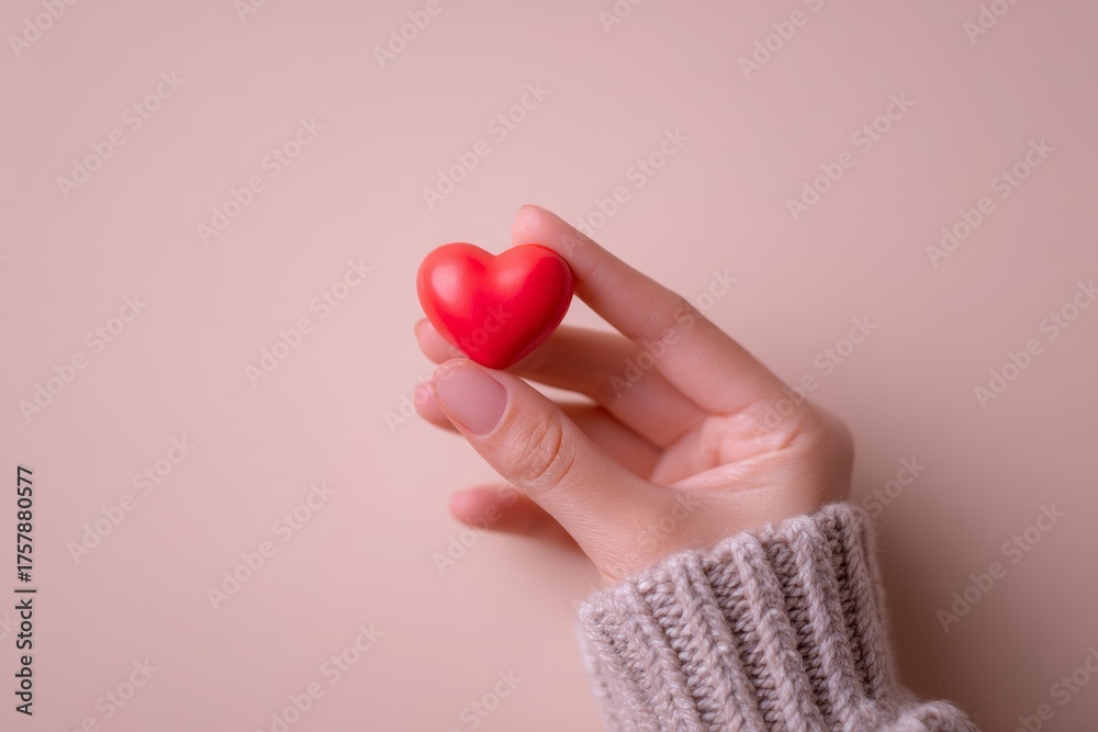 Fototapeta premium A delicate red heart shape is held gently in a hand adorned with light-colored nails against a soft, pastel background.