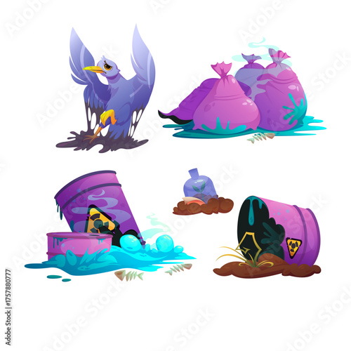 Environmental pollution concept with contaminated wildlife, chemical spills, and plastic waste illustrations