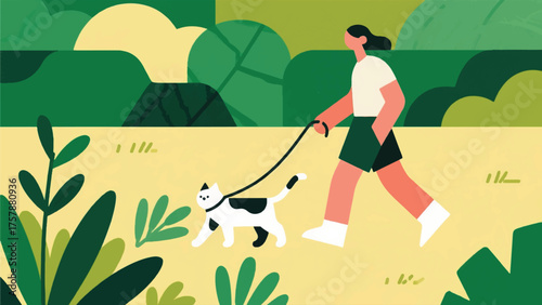 Illustration Of Cat Owner Walking Their Cat On A Leash In A Garden, With The Cat Curiously Exploring Plants Vector Design Template
