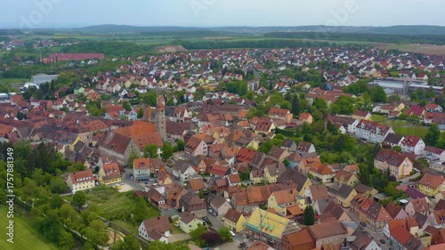 Aerial panoramic view of the old town city Langenzenn in Germany, Bavaria on a cloudy spring afternoon