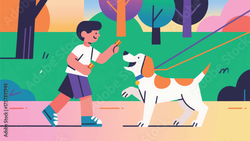 Illustration Of Child Teaching Their Dog Tricks During A Walk In The Park, With Treats And A Happy Dog Vector Design Template
