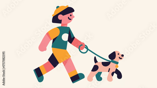 Illustration Of Child Walking A Dog Wearing A Cute Outfit, With A Matching Leash And Collar Vector Design Template