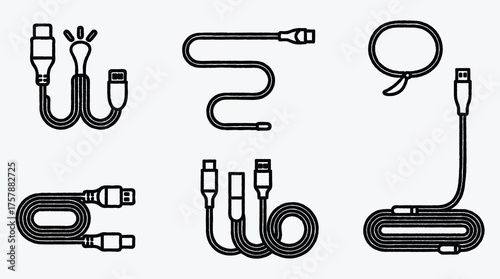 Black and white line art of various USB cables accessories