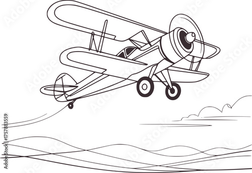 Biplane soaring through clouds and over waves airplane aircraft