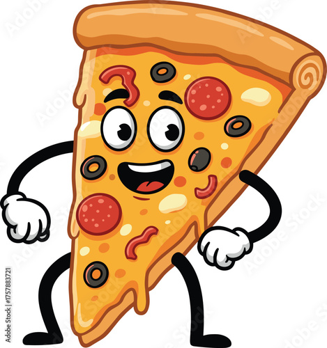 Cartoon pizza slice with expressive face and toppings, dancing food character, playful pose, white background, fun illustration, anthropomorphic design