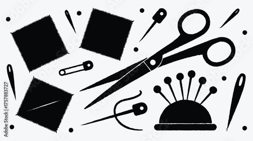 Sewing and Tailoring Accessories Black and White Background Graphic Design