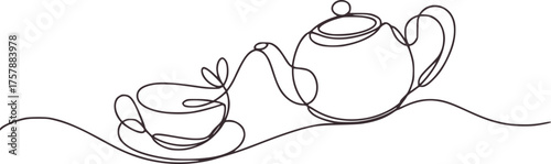 Elegant continuous line drawing of tea set teapot saucer