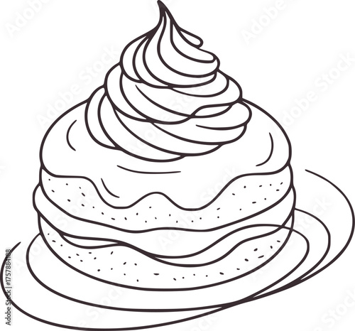Layered cake with swirled frosting on a plate dessert