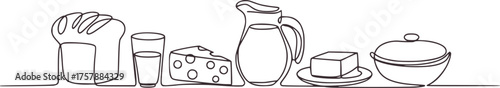 Minimalist continuous line drawing of breakfast items bread glass of milk