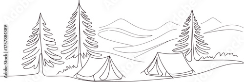 Minimalist line art camping scene with trees and tents vector