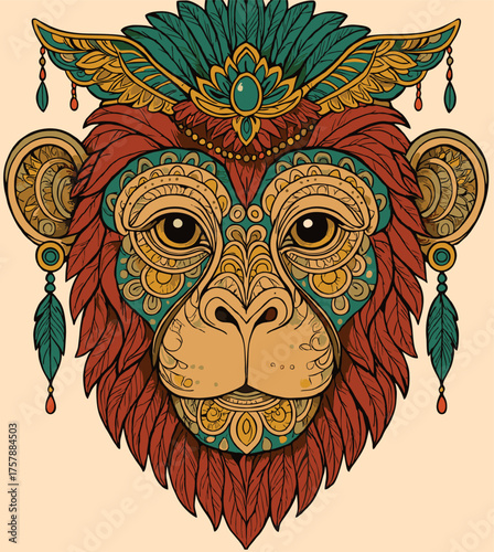 Bohemian mandala monkey head vector with floral and geometric patterns in teal and orange.