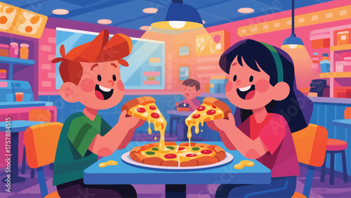 Illustration Of Children Sharing Pizza At A Brightly Lit Pizzeria, With Cheese Pulls And Playful Expressions Vector Design Template