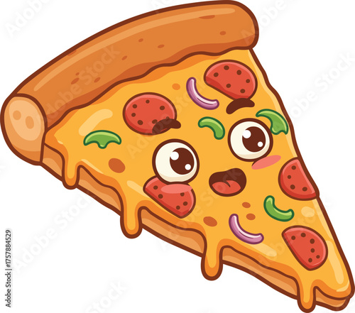 Cartoon pizza slice with expressive face and toppings, smiling food character, playful pose, white background, fun illustration, anthropomorphic design