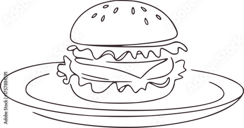 Minimalist line drawing of a stacked burger on a plate hamburger cheeseburger