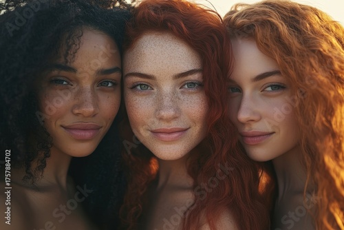 Close-up portrait of three diverse women, showcasing natural beauty and warm tones, with curly hair and light, inviting expressions.