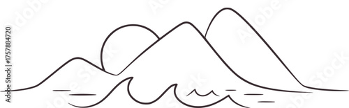 Minimalist mountain peaks and wavy water drawing black and white line drawing