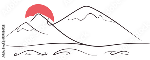 Minimalist mountain range with rising sun sunrise line drawing