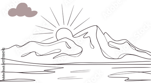 Minimalist mountain sunrise over water with cloud vector