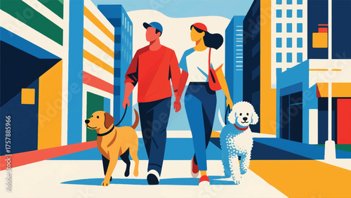 Illustration Of Couple Walking Two Different Dog Breeds Side-By-Side In An Urban Setting Vector Design Template