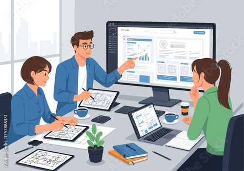 Collaborative team discussion in modern workspace with digital display