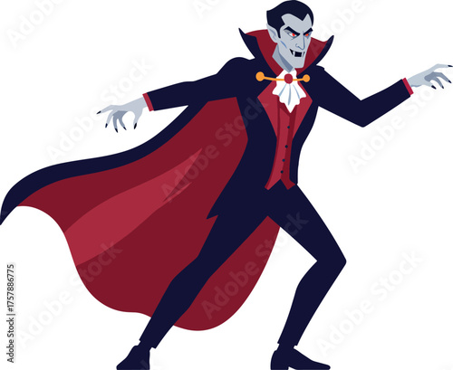 Vampire Character Wearing Dark Suit and Red Cape in Dynamic Pose on White Background