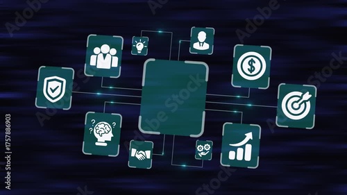 Digital business network system showing innovation, finance, leadership, security, analytics, and growth strategy integration for corporate success.