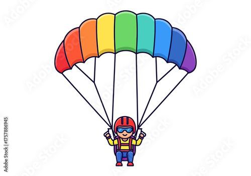 Parachuting figure with rainbow canopy isolated against white background