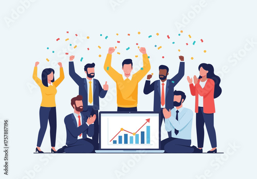 Team members celebrate project success with arms raised near a digital display