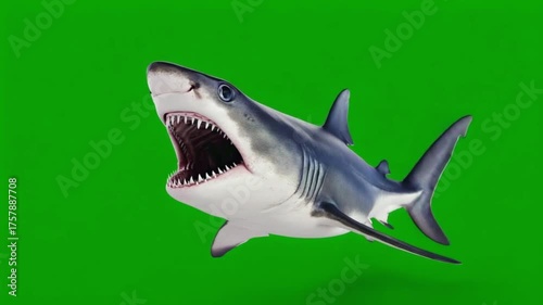 Animated shark with open mouth swimming on a green screen for visual effects and compositing use green screen animal video