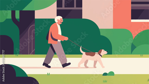 Illustration Of Elderly Person Slowly Strolling With A Calm, Older Dog, Enjoying A Quiet Afternoon Vector Design Template