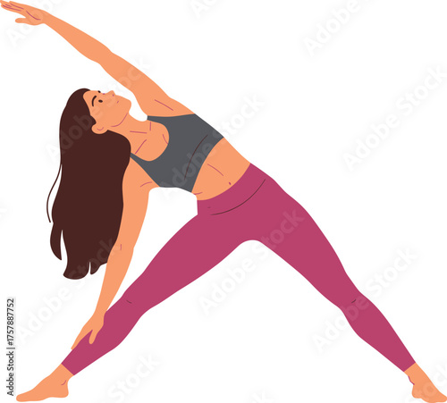 Woman doing yoga triangle pose, pink leggings and grey top, fitness illustration, body flexibility, wellness concept, healthy lifestyle design