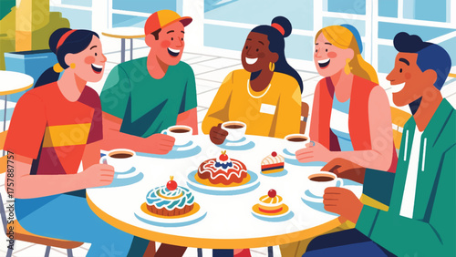 Illustration Of Diverse Group Of Friends Laughing Over Lattes At A Sunny Outdoor Cafe, With Intricate Pastry Designs On The Table Vector Design Template