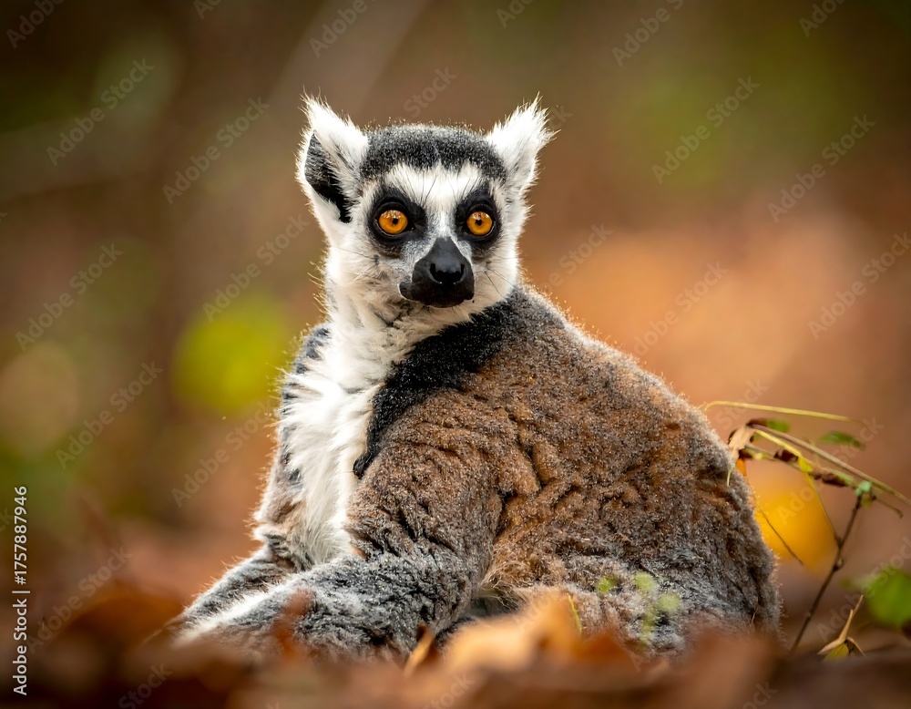 Fototapeta premium A Ring-tailed lemur sits amongst fallen leaves, gazing intently