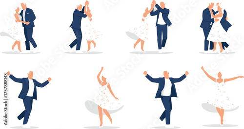 Eight Dance Poses of Elegant Couple in Floral Dress and Suit, Expressive Movement and Rhythm Vector Illustration for Romance Themes