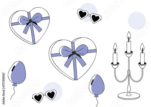 Collection of valentine s day themed elements including heart shaped gift boxes balloons heart sunglasses and a candelabra isolated on transparent background