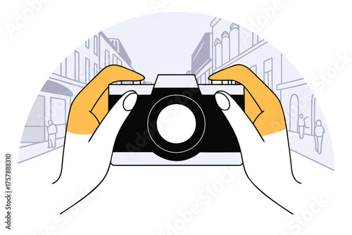 Hands holding a vintage camera to capture a stylized street scene with buildings and people isolated on transparent background