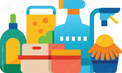 Collection of colorful cleaning supplies and tools for home hygiene and tidiness isolated on transparent background