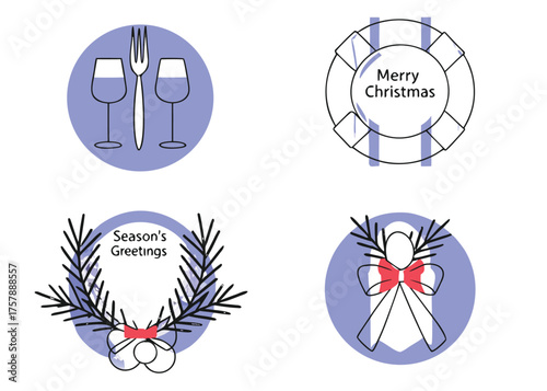 Four festive circular icons featuring christmas dinner a wreath a life preserver with merry christmas text and a reindeer angel isolated on transparent background