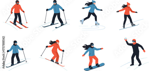 Eight Stylized Figures in Winter Sports Action with Snow Gear, Skiing, Snowboarding, Ice Skating, and Snowball Play Vector Scenes