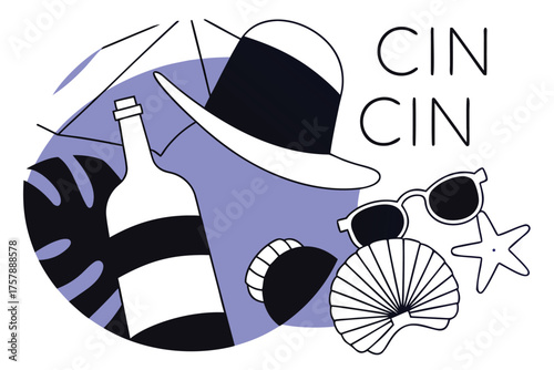 Summer vacation essentials including a bottle of wine a wide brim hat sunglasses seashells and a starfish isolated on transparent background