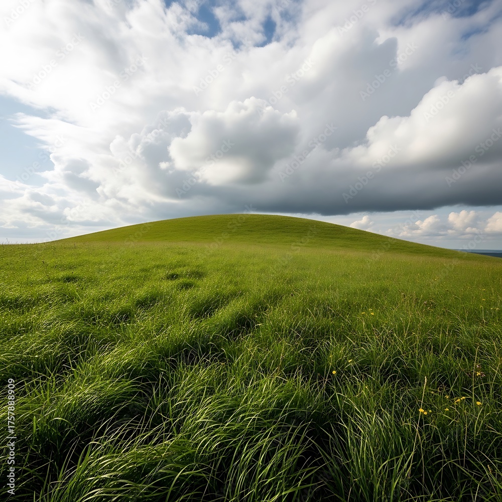Obraz premium Vast Green Rolling Hill Under a Dramatic Cloudy Sky.