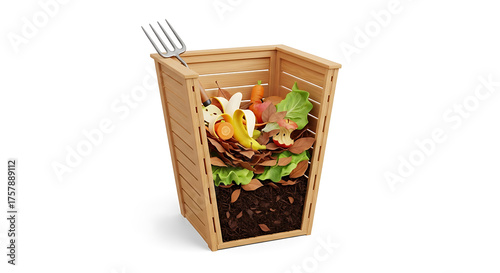 Cross-section of a compost bin with organic food waste, soil, and fork, illustrating sustainable home composting and eco-friendly waste management.