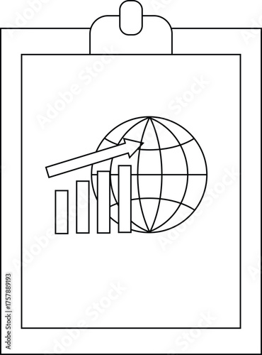 Clipboard with globe graph arrow pointing up and right