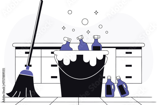 Household cleaning supplies including a mop bucket and bottles of cleaning solution isolated on transparent background