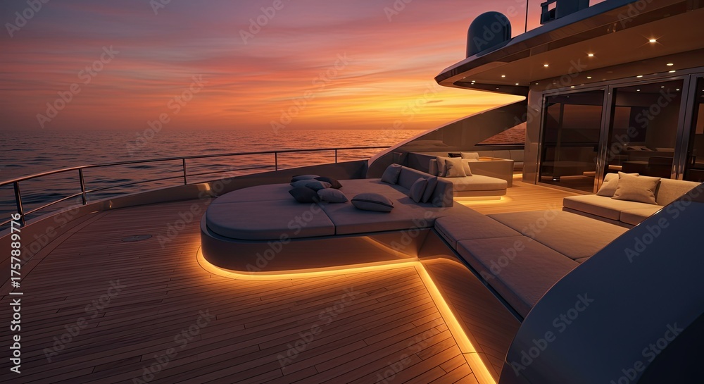 Fototapeta premium Luxury yacht deck at sunset with lounge seating and ocean view creating a serene atmosphere